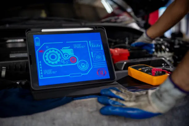 Teknisi sedang melakukan tune up mesin mobil dengan scanner modern